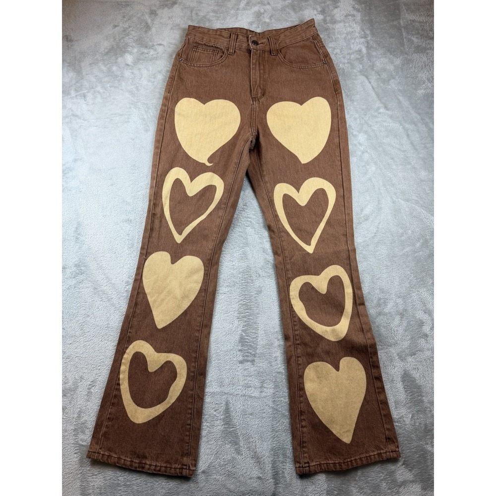 Shein Jeans Women's Size Small (28X32) Bootcut Heart Design Brown Denim Flare‎